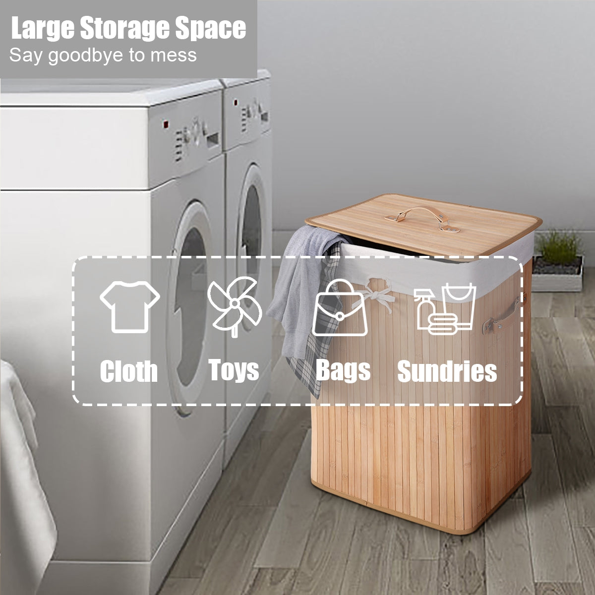 Rectangle Bamboo Hamper Laundry Basket Washing Cloth Bin Storage Bag Lid 3 color-Black
