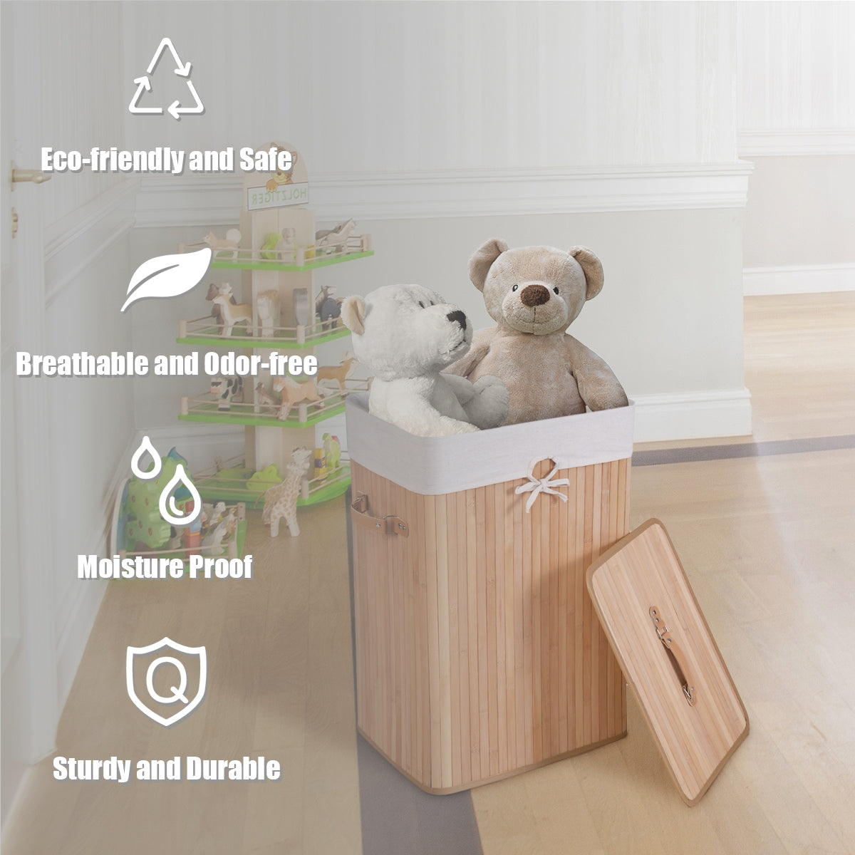 Rectangle Bamboo Hamper Laundry Basket Washing Cloth Bin Storage Bag Lid 3 color-Natural by DirectDeals