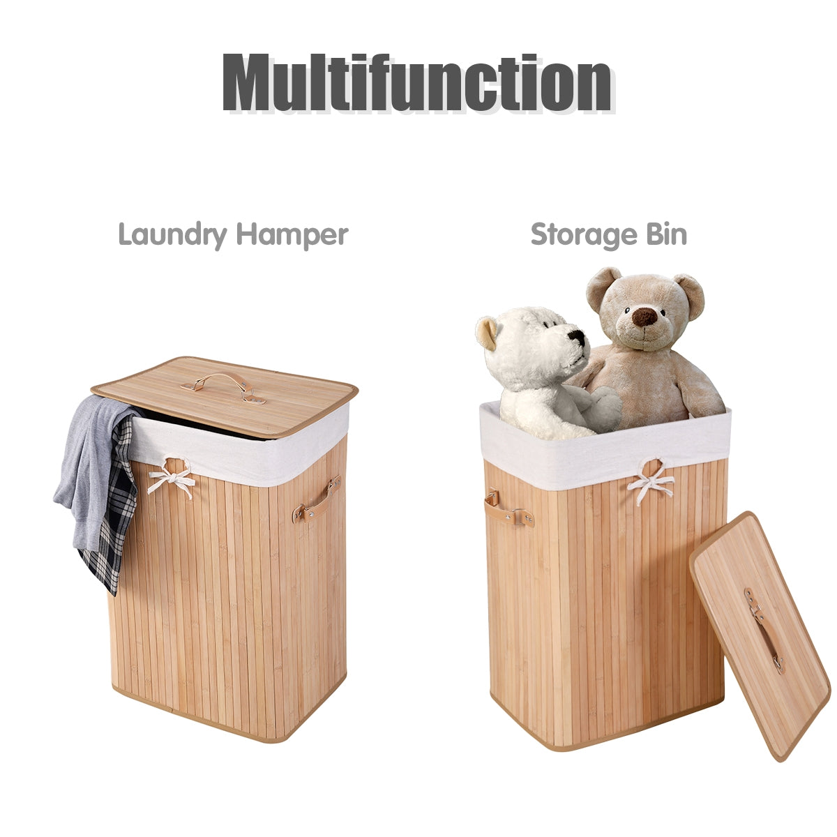 Rectangle Bamboo Hamper Laundry Basket Washing Cloth Bin Storage Bag Lid 3 color-Black