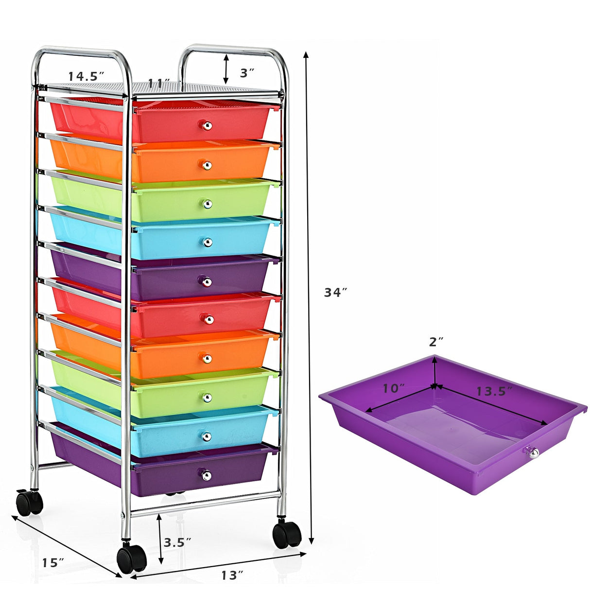 10 Drawer Rolling Storage Cart Organizer with 4 Universal Casters-Multicolor by DirectDeals