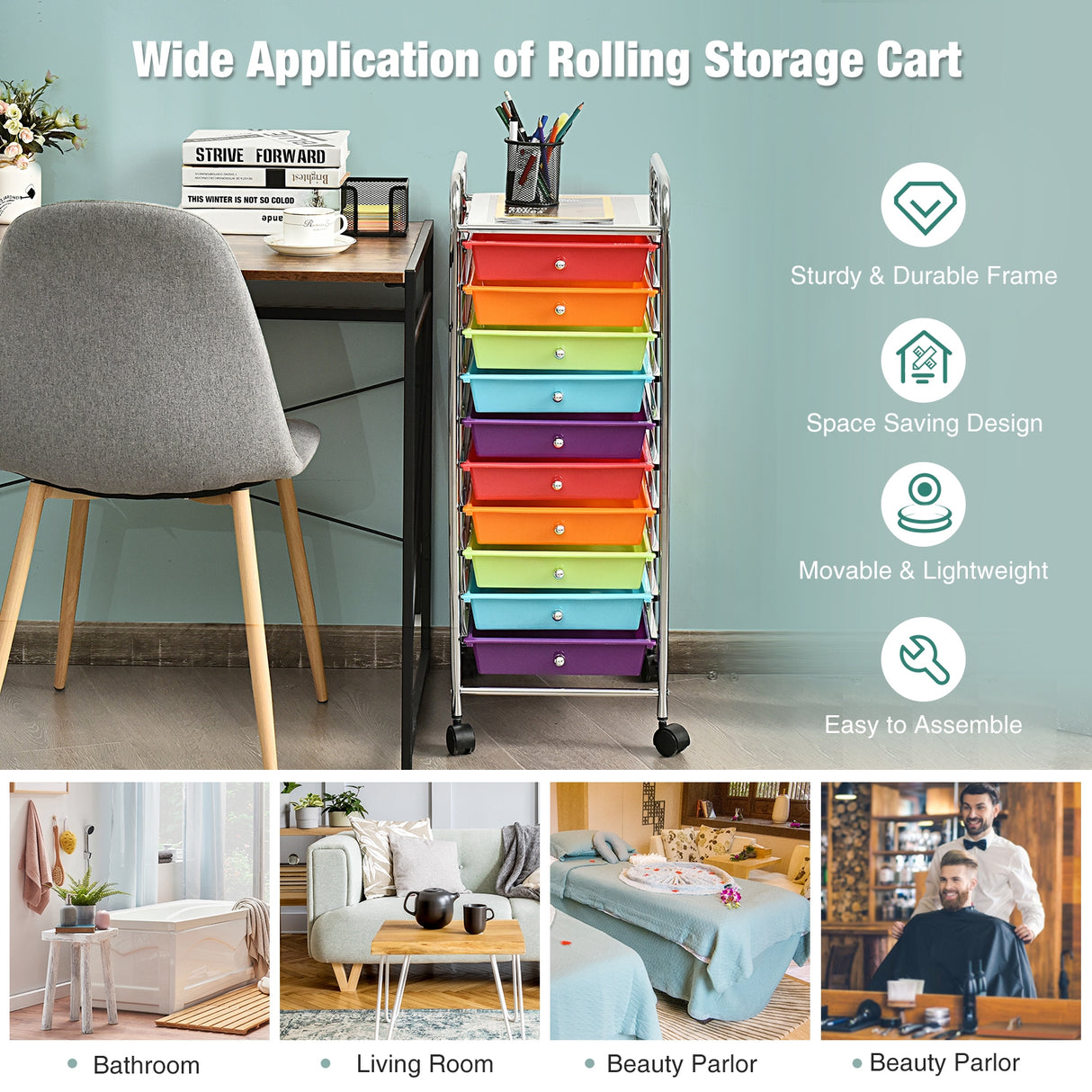 10 Drawer Rolling Storage Cart Organizer with 4 Universal Casters-Clear