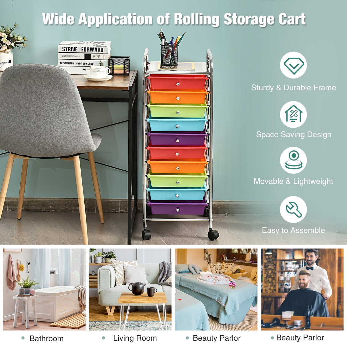 10 Drawer Rolling Storage Cart Organizer with 4 Universal Casters-Multicolor by DirectDeals
