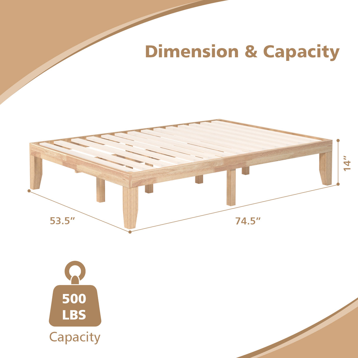 14 Inch Full Size Wood Platform Bed Frame with Wood Slat Support-Brown