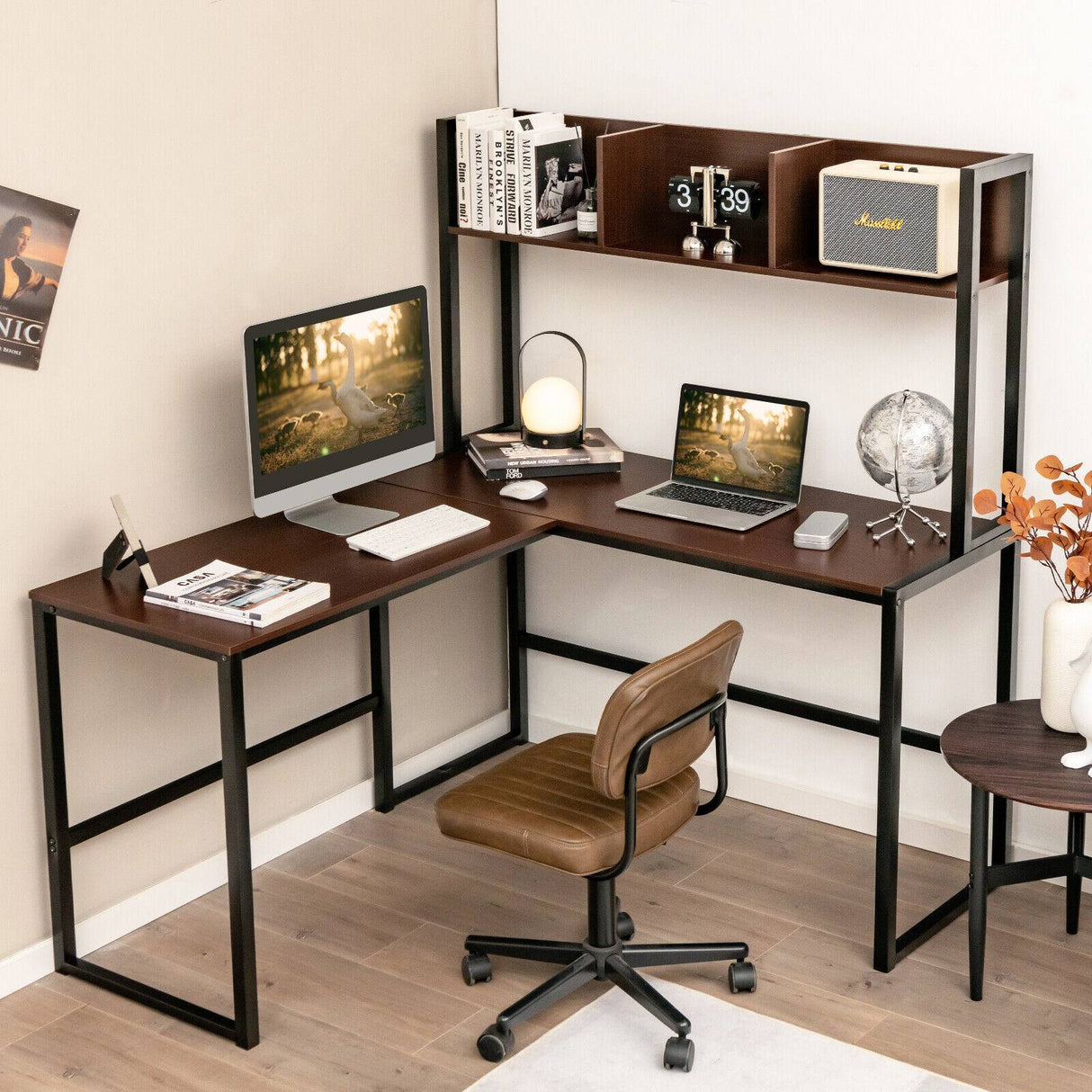 Reversible L-Shaped Corner Desk with Storage Bookshelf-Black