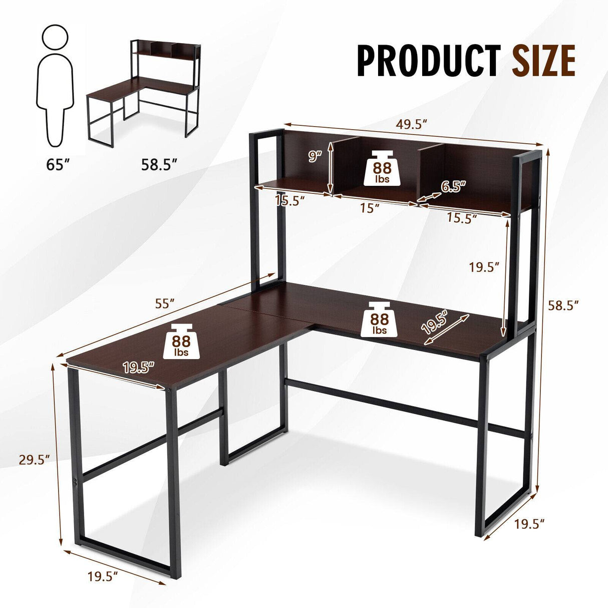 Reversible L-Shaped Corner Desk with Storage Bookshelf-Black