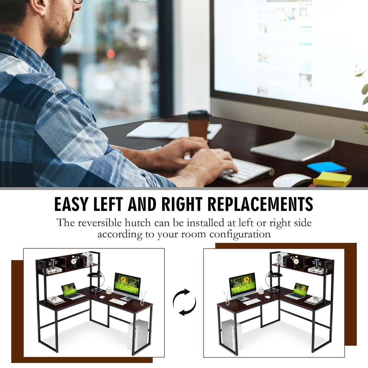 Reversible L-Shaped Corner Desk with Storage Bookshelf-Black