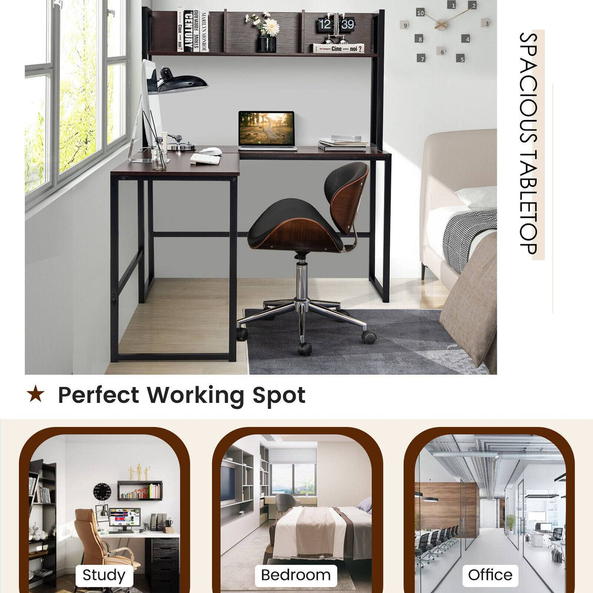 Reversible L-Shaped Corner Desk with Storage Bookshelf-Black