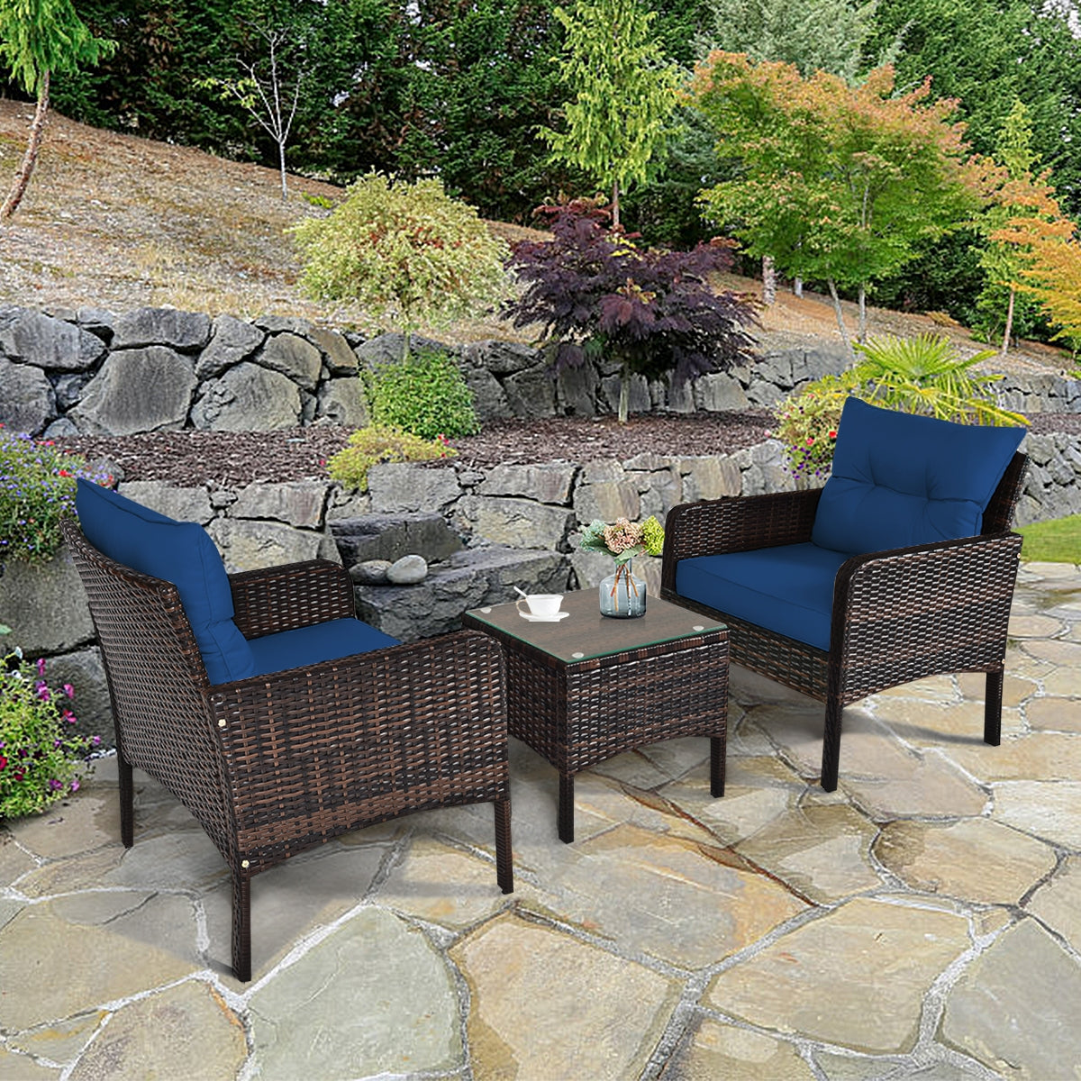 3 Pieces Outdoor Patio Rattan Conversation Set with Seat Cushions-Navy by DirectDeals