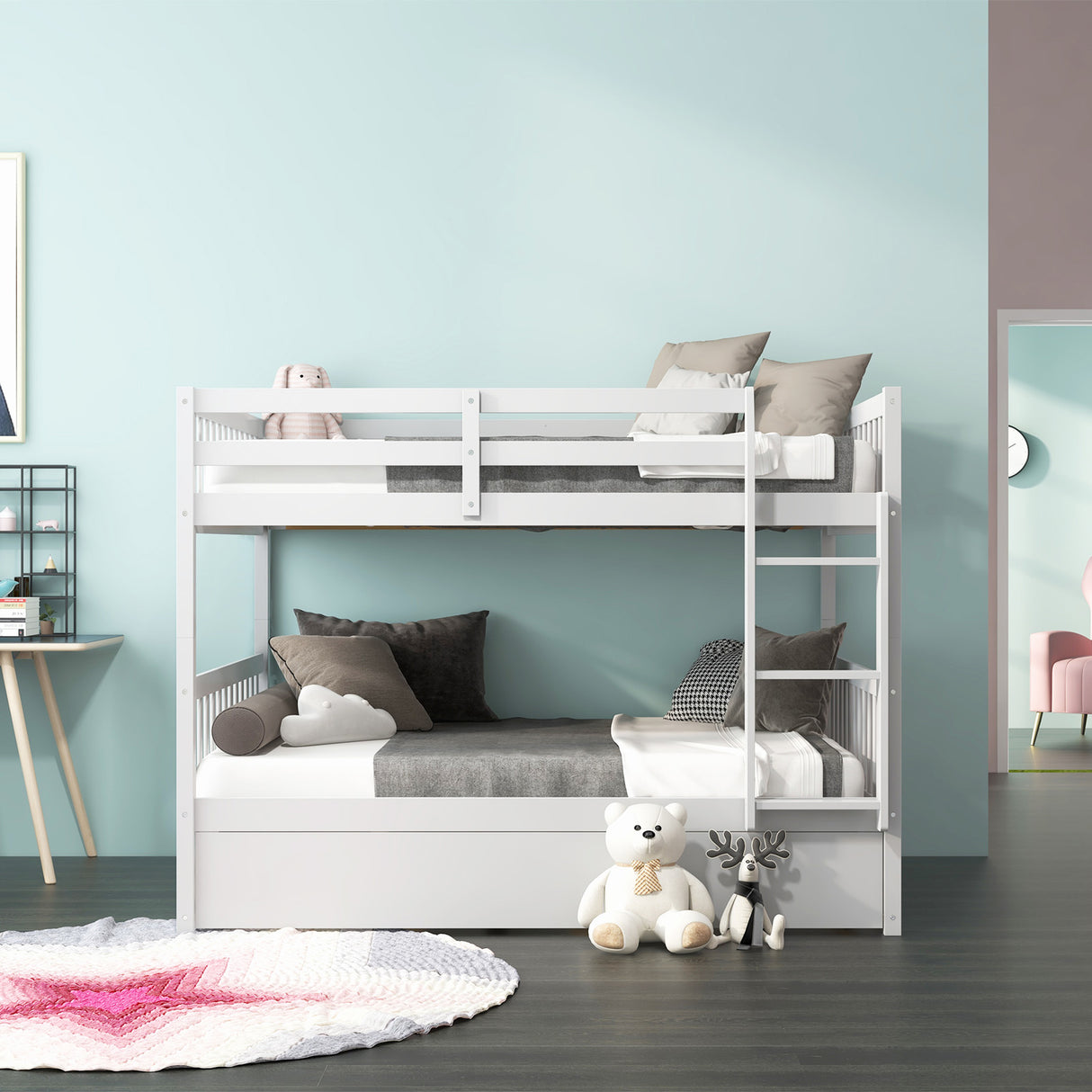 Full over Full Bunk Bed Platform Wood Bed with Ladder-White