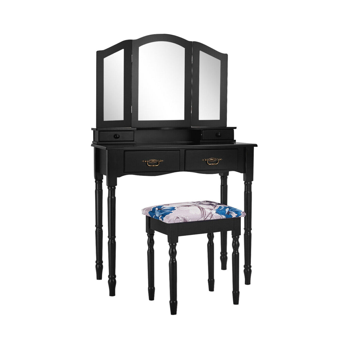 Simple Vanity Set with Tri-Folding Mirror Drawers and Storage Shelf-White