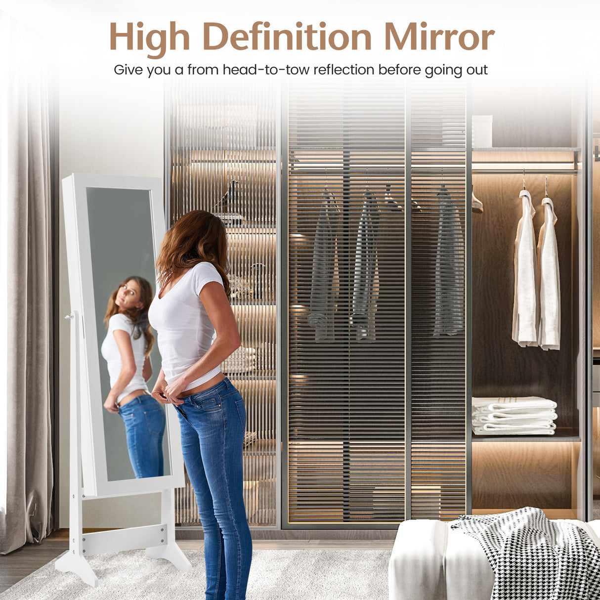 Mirrored Standing Jewelry Cabinet Storage Box-Black