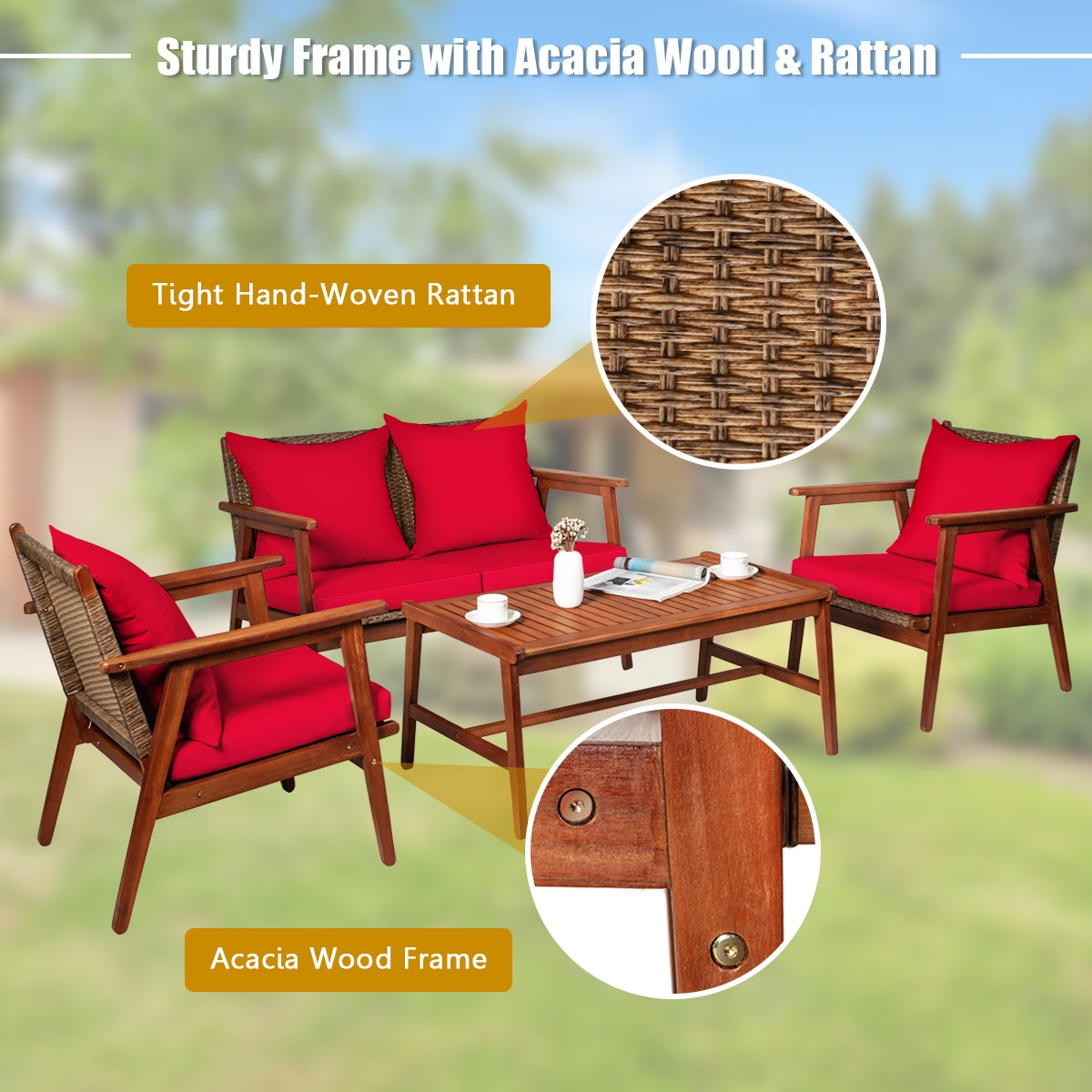 4 Piece Acacia Wood Patio Rattan Furniture Set-Red