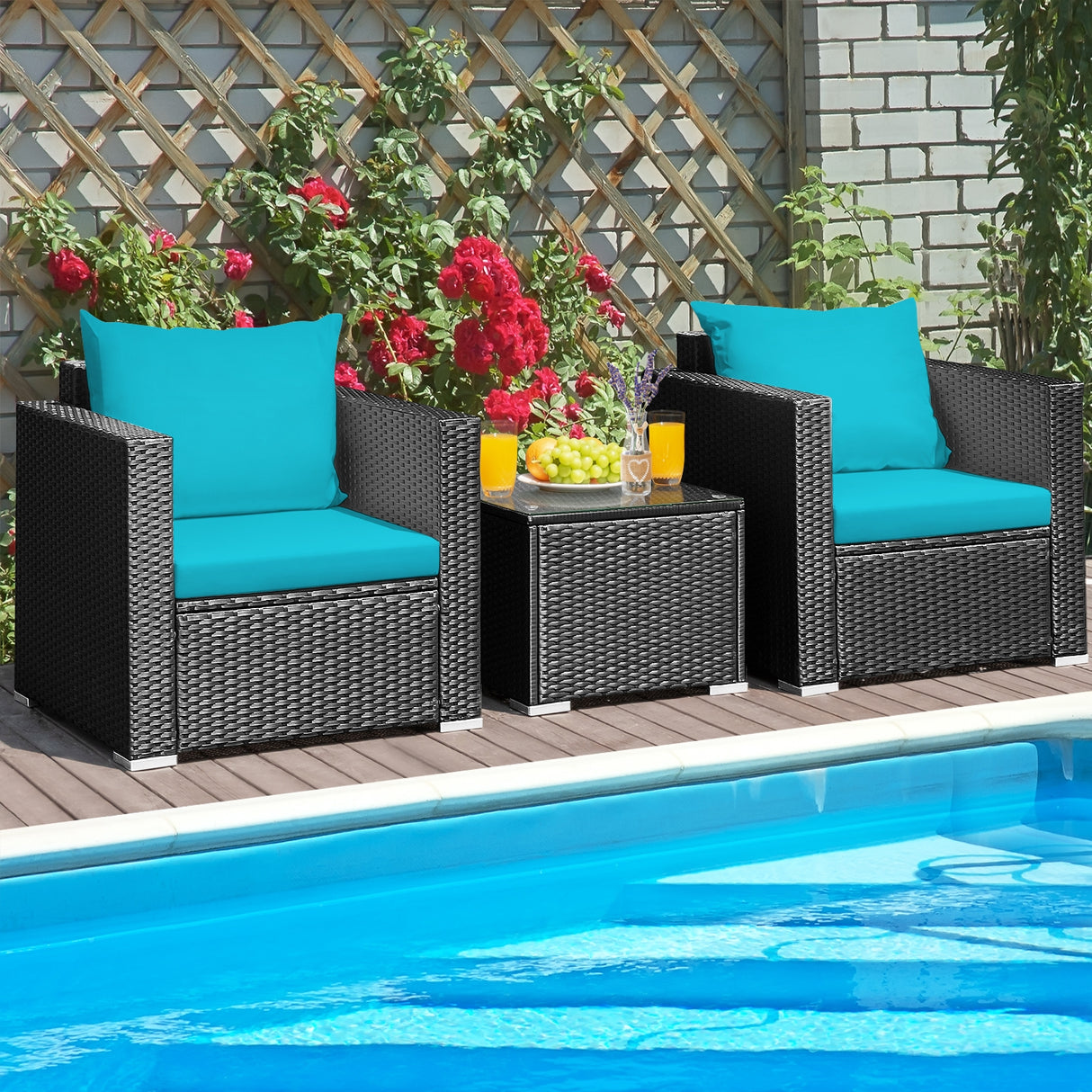 3 Pieces Patio Wicker Conversation Set with Cushion-White