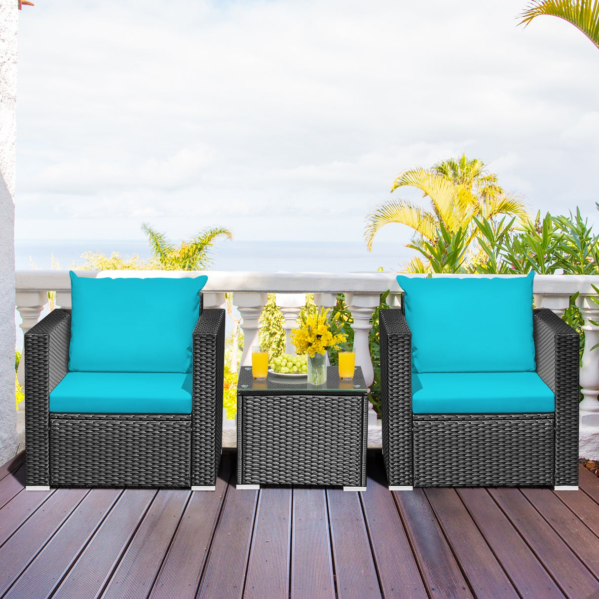3 Pieces Patio Wicker Conversation Set with Cushion-White