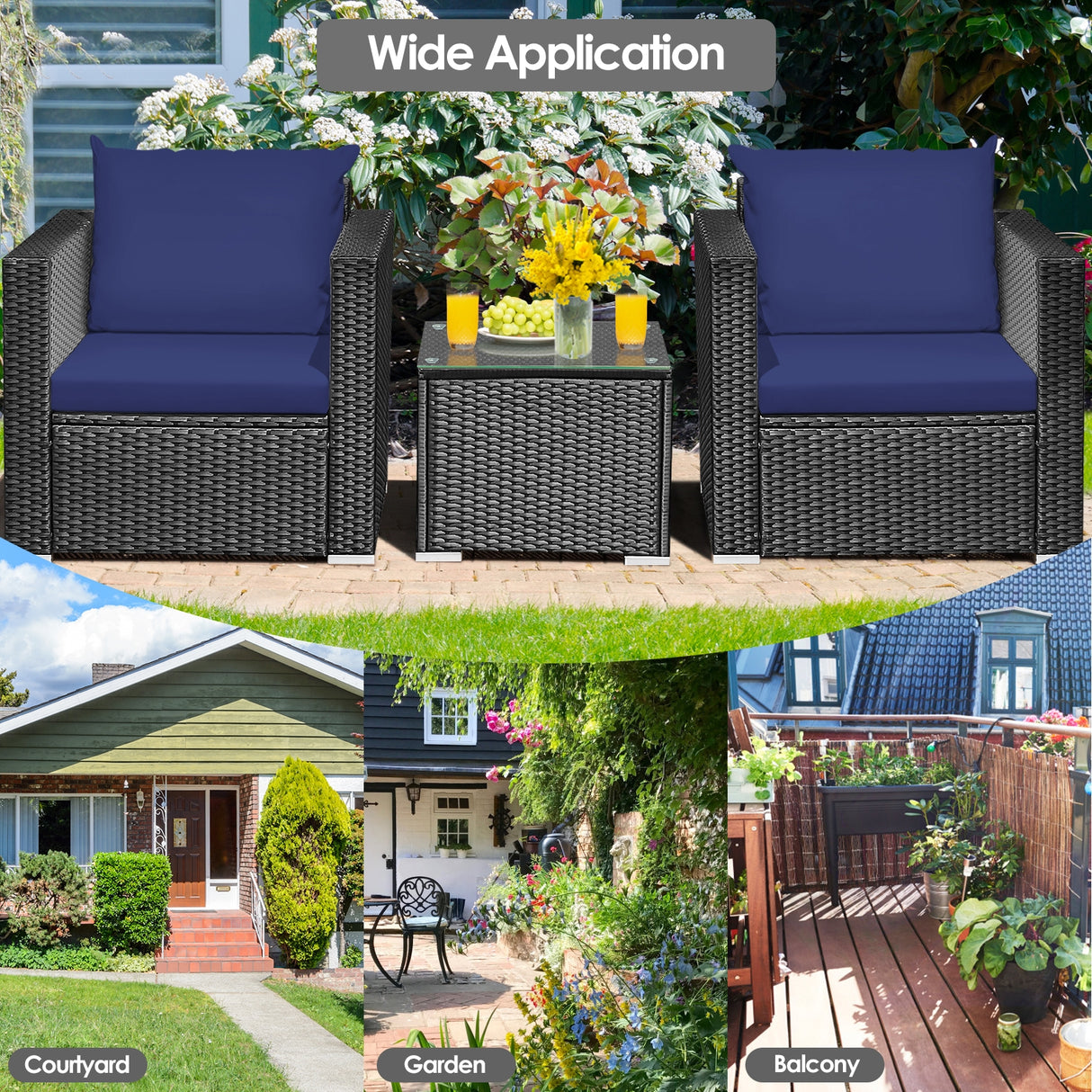 3 Pieces Patio Wicker Conversation Set with Cushion-Navy