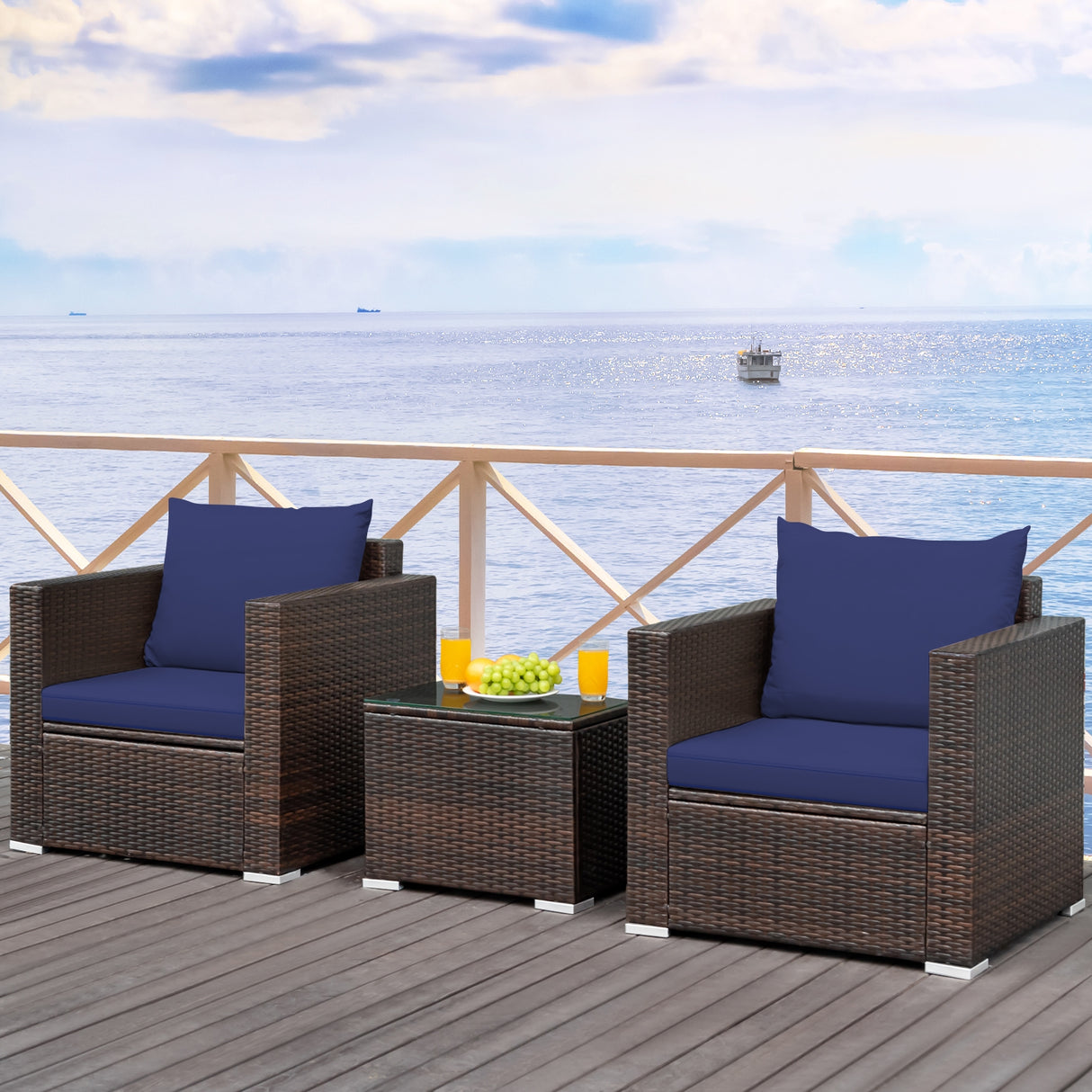 3 Pcs Patio Conversation Rattan Furniture Set with Cushion-Beige