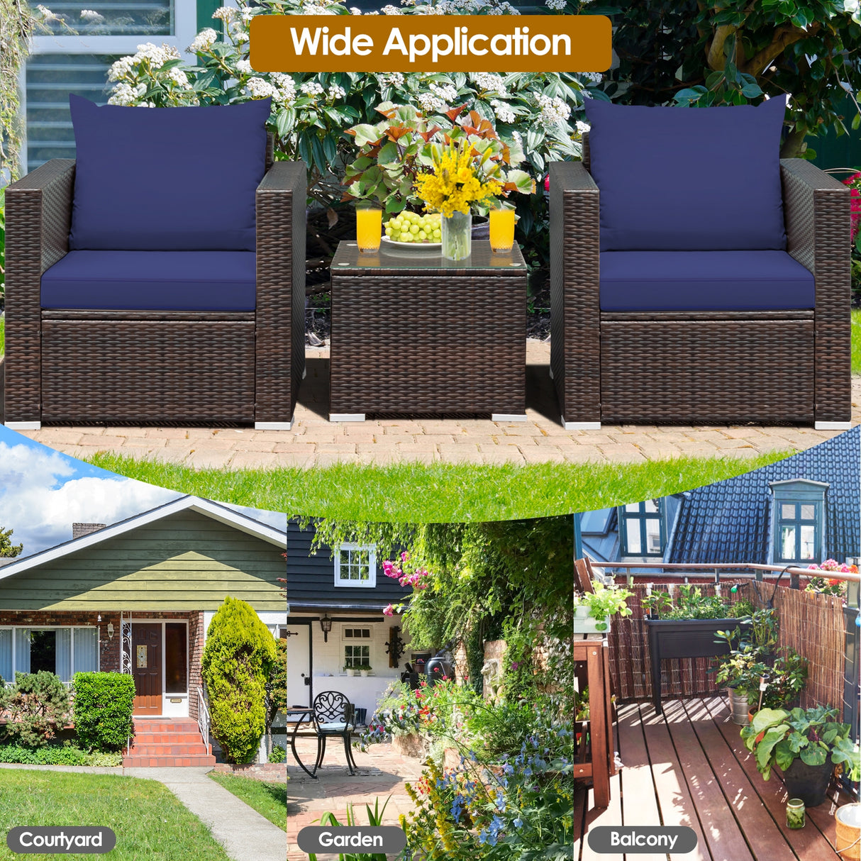 3 Pcs Patio Conversation Rattan Furniture Set with Cushion-Beige