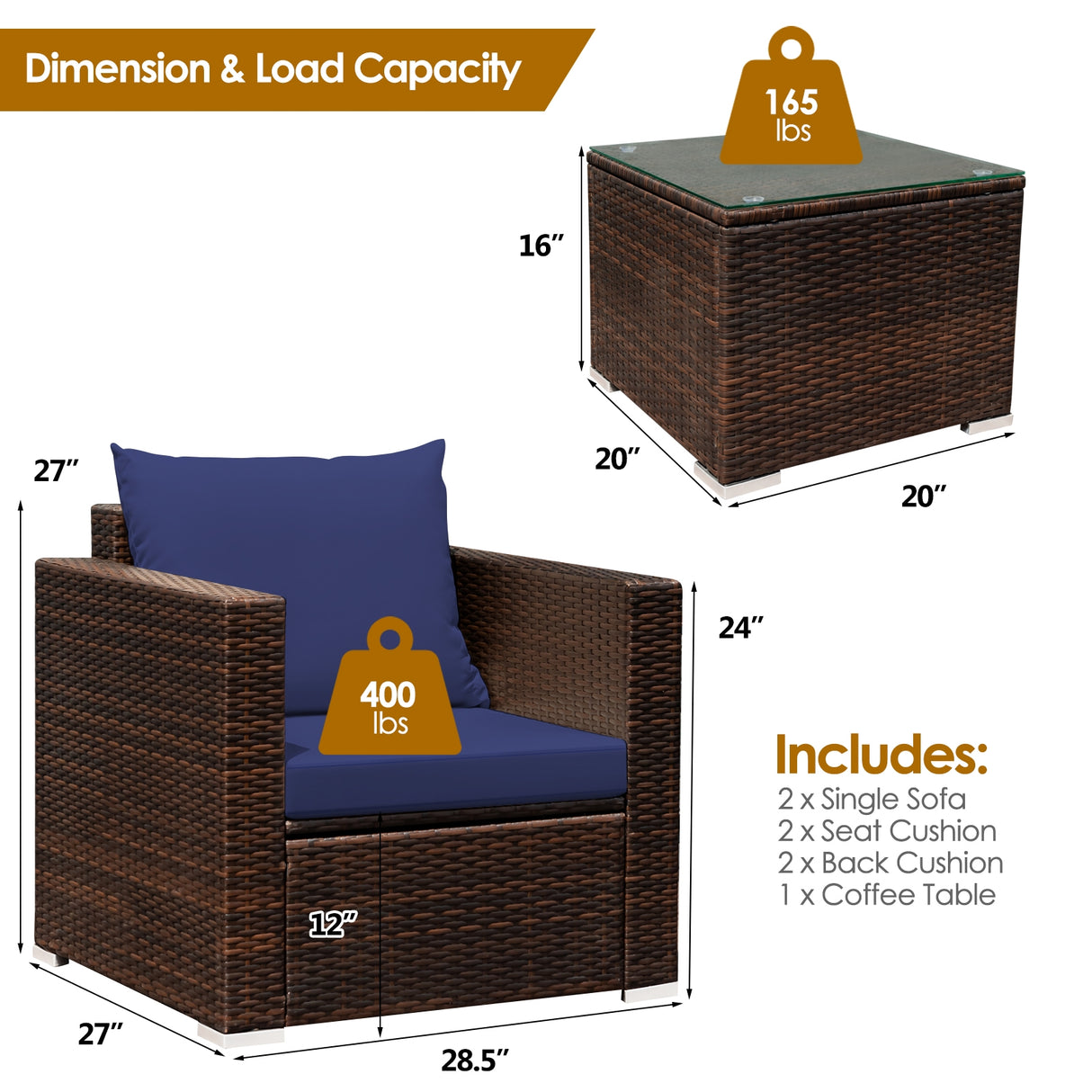 3 Pcs Patio Conversation Rattan Furniture Set with Cushion-Beige