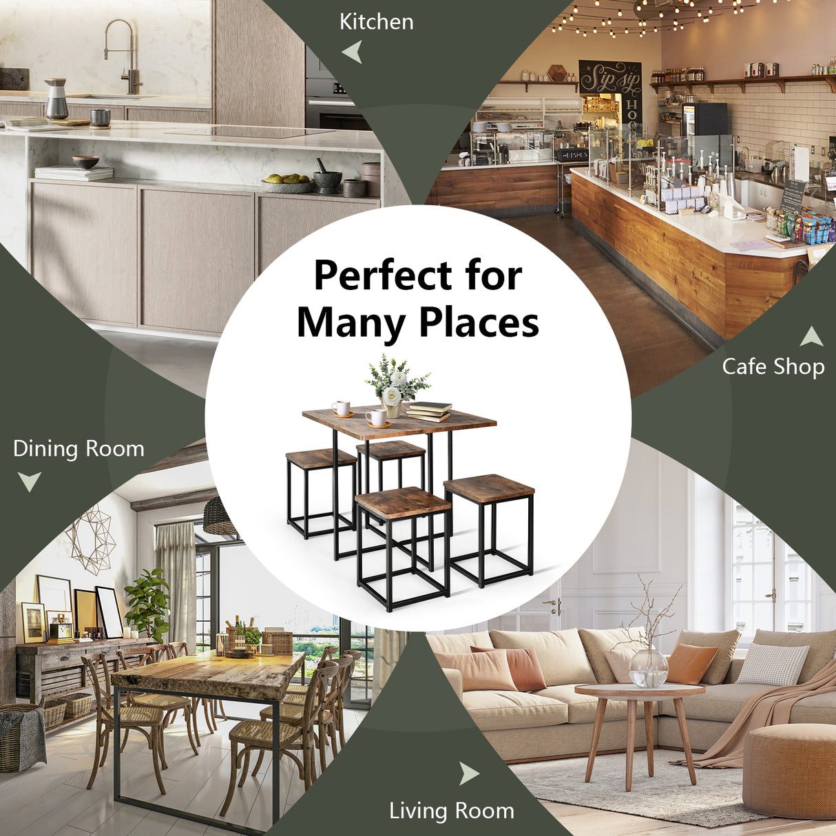 5 Pieces Metal Frame Dining Set with Compact Dining Table and 4 Stools-Walnut