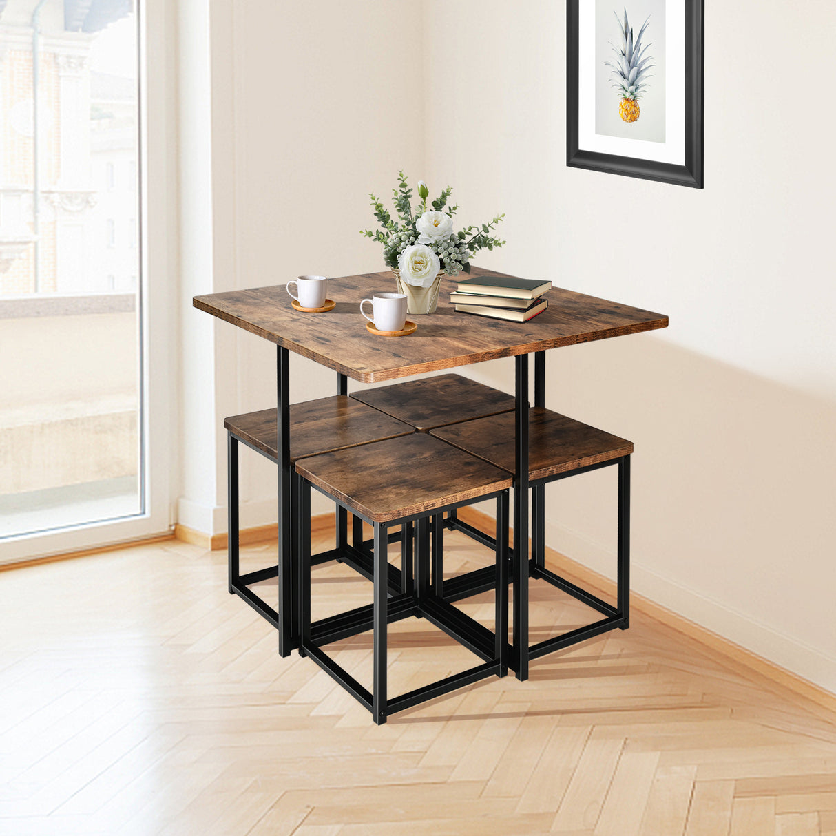 5 Pieces Metal Frame Dining Set with Compact Dining Table and 4 Stools-Walnut