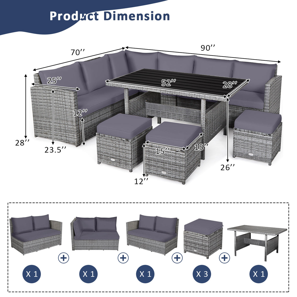 7 Pieces Patio Rattan Dining Furniture Sectional Sofa Set with Wicker Ottoman-Red