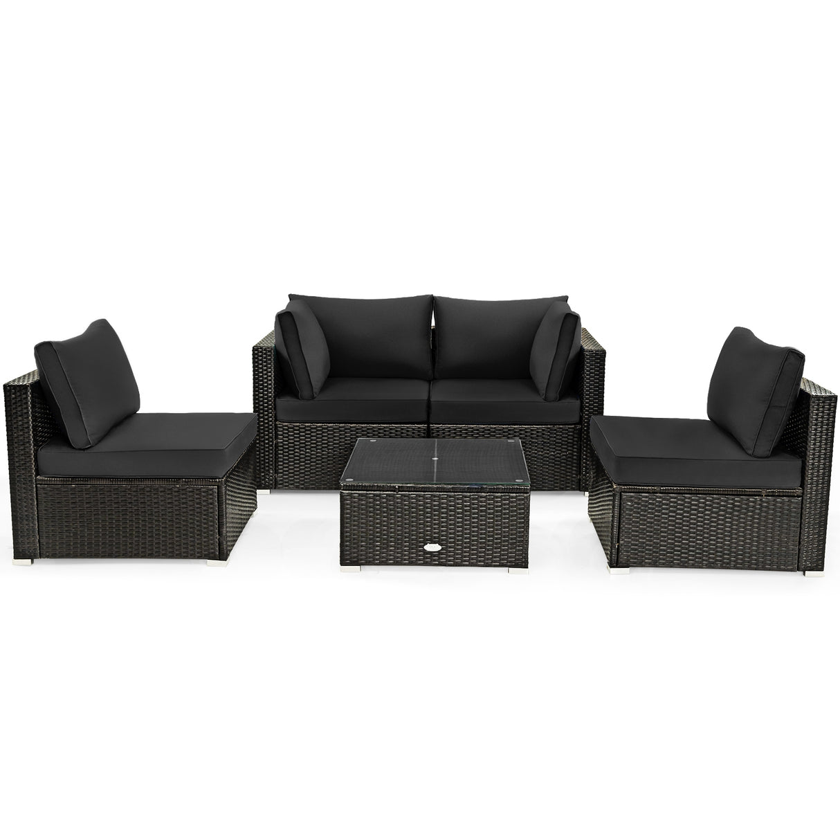 5 Pieces Cushioned Patio Rattan Furniture Set with Glass Table-White