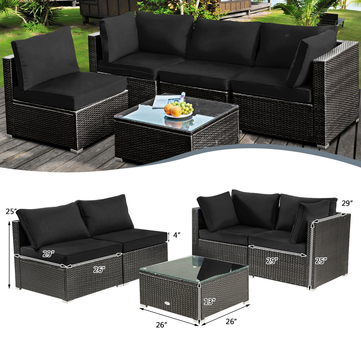 5 Pieces Cushioned Patio Rattan Furniture Set with Glass Table-White