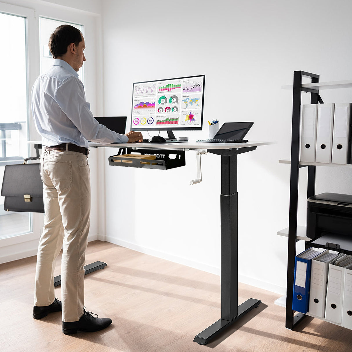 Hand Crank Sit to Stand Desk Frame Height Adjustable Standing Base-Black