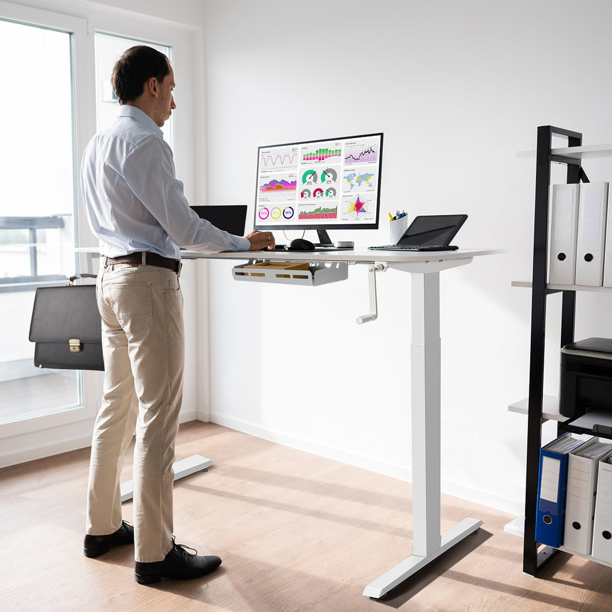 Hand Crank Sit to Stand Desk Frame Height Adjustable Standing Base-White