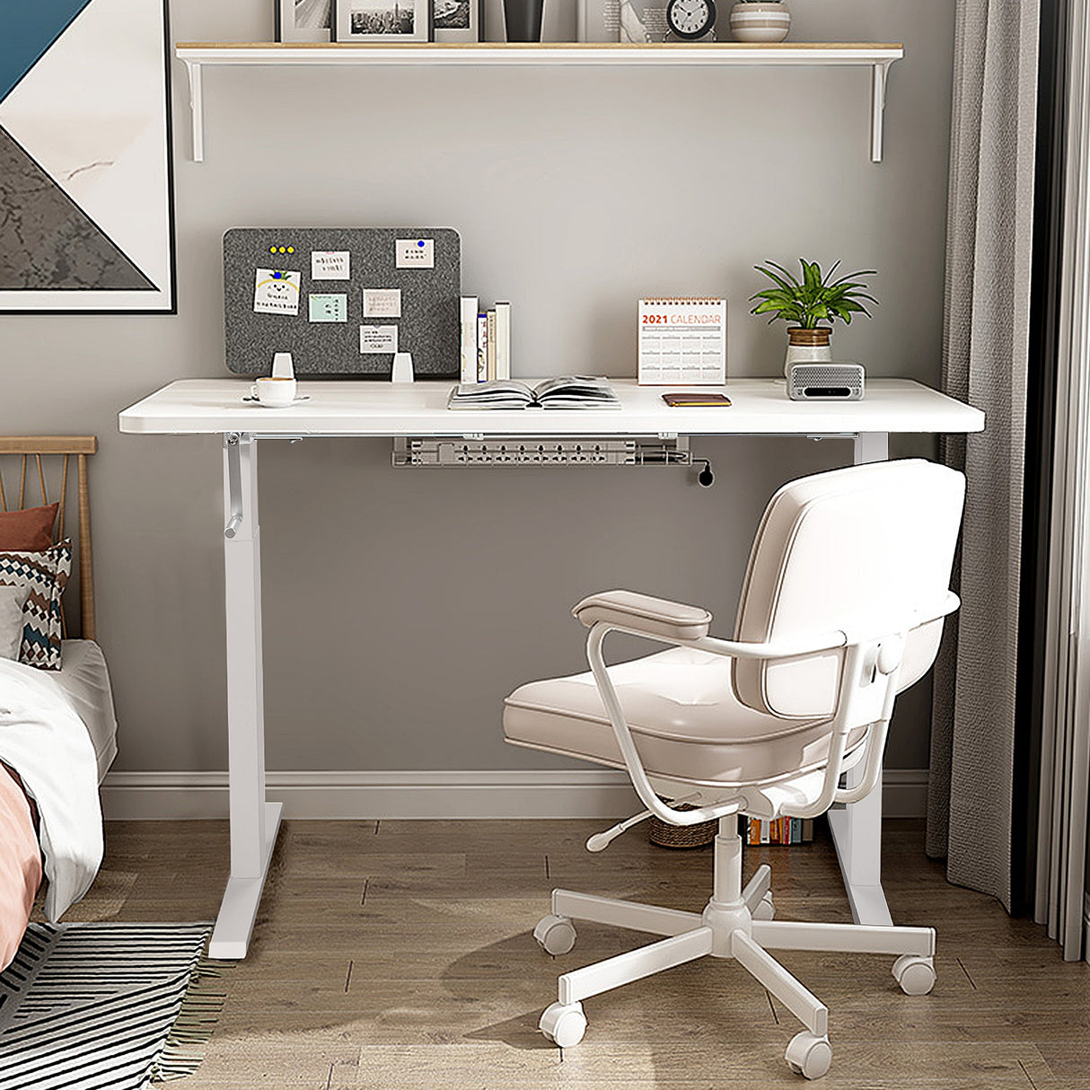 Hand Crank Sit to Stand Desk Frame Height Adjustable Standing Base-White
