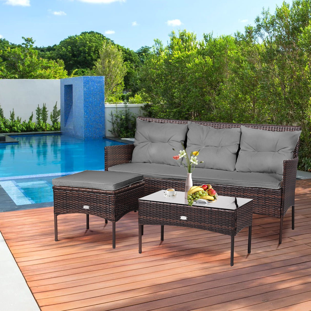 3 Pieces Patio Furniture Sectional Set with 5 Cozy Seat and Back Cushions-White