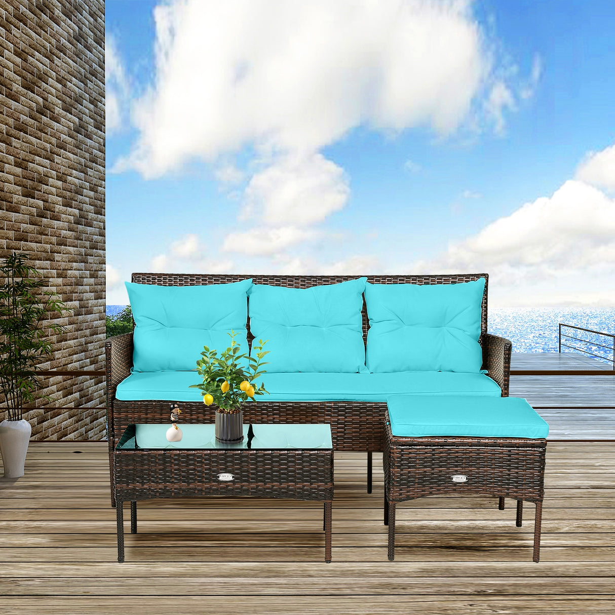3 Pieces Patio Furniture Sectional Set with 5 Cozy Seat and Back Cushions-White