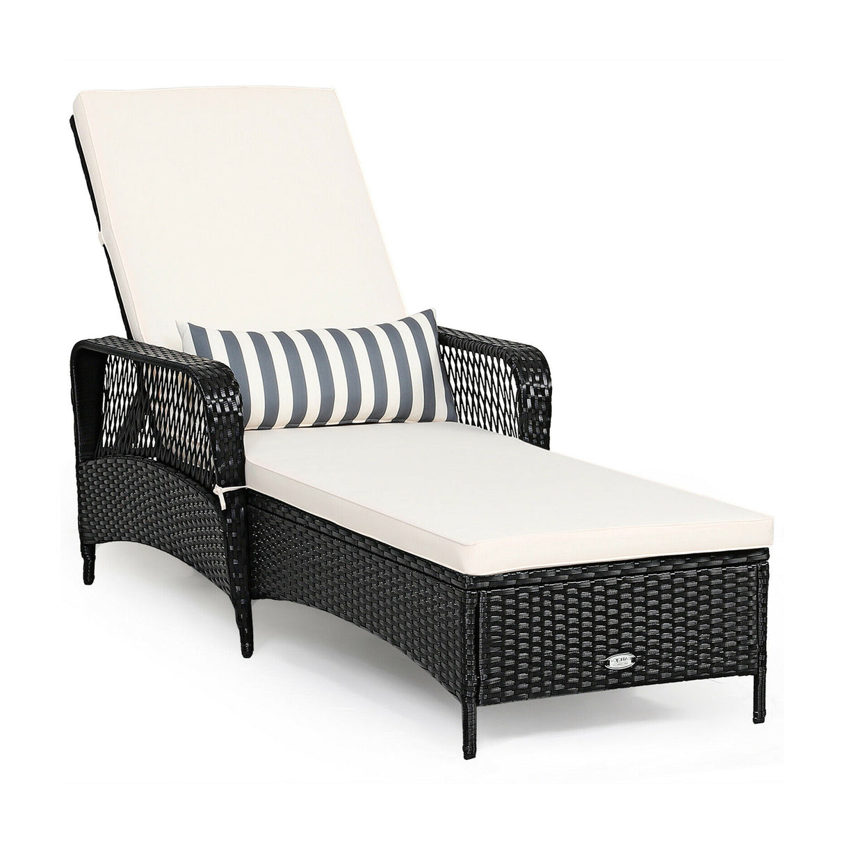 PE Rattan Armrest Chaise Lounge Chair with Adjustable Pillow-Off White