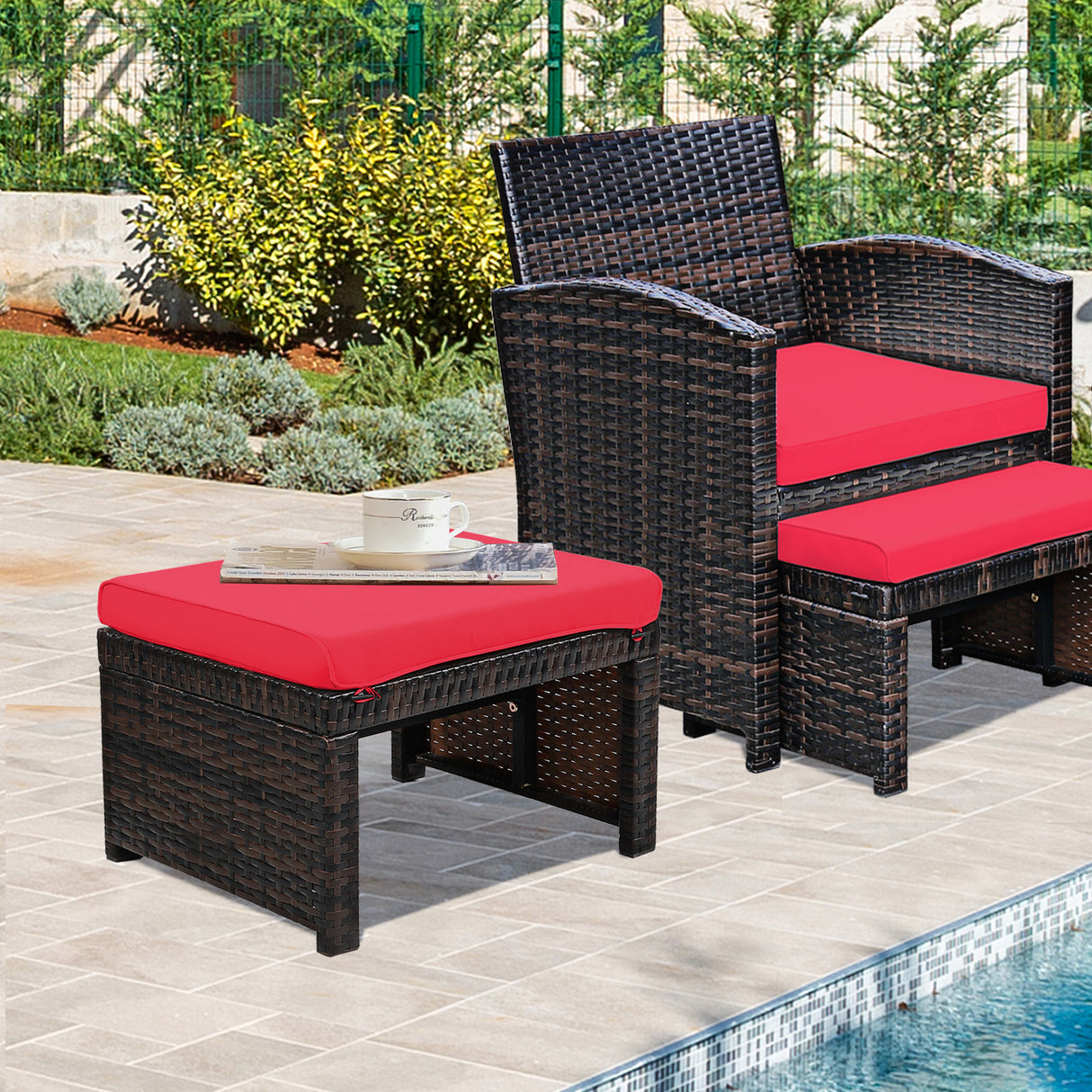 2 Pieces Patio Rattan Ottomans with Soft Cushion for Patio and Garden-White