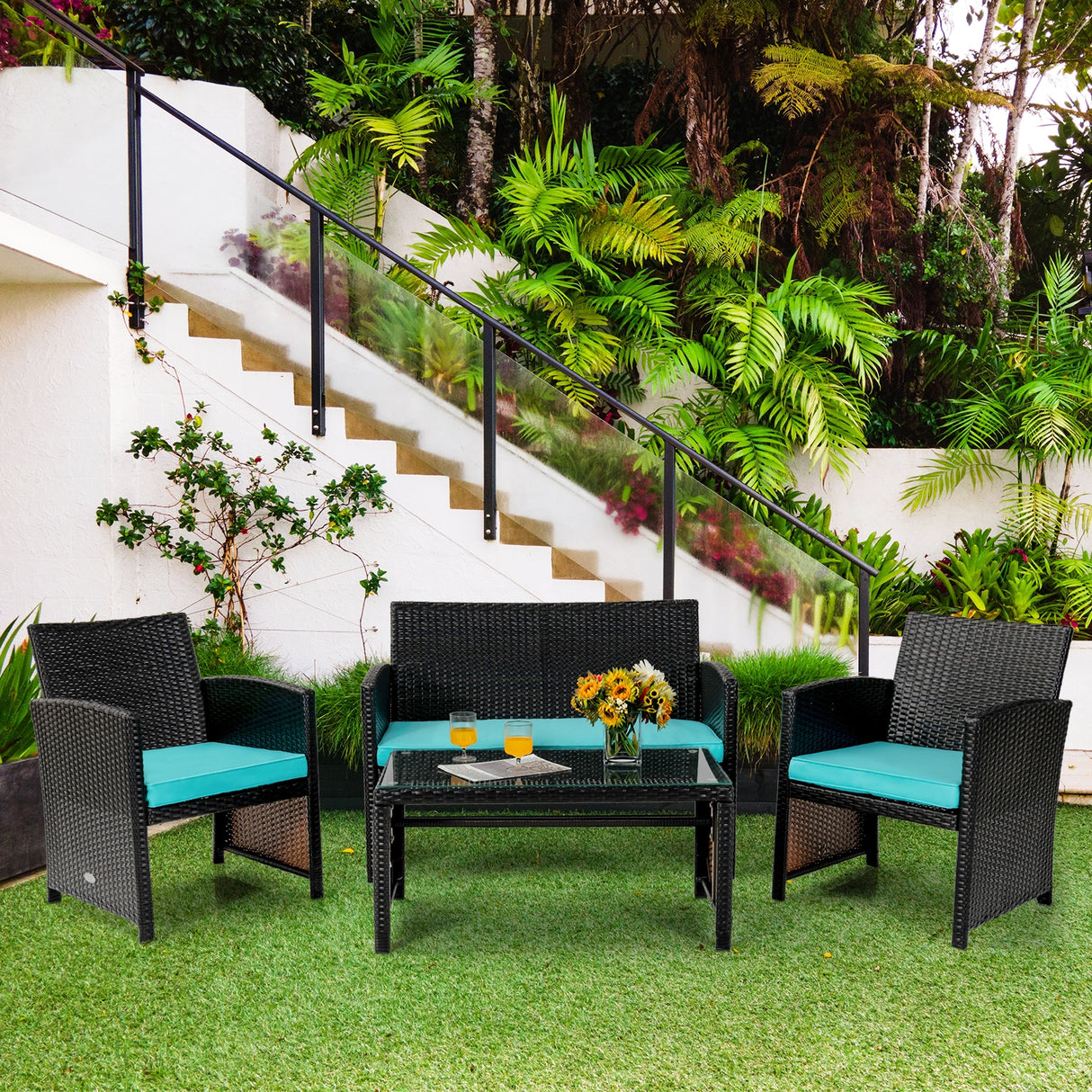 4 Pieces Patio Rattan Cushioned Furniture Set-Red
