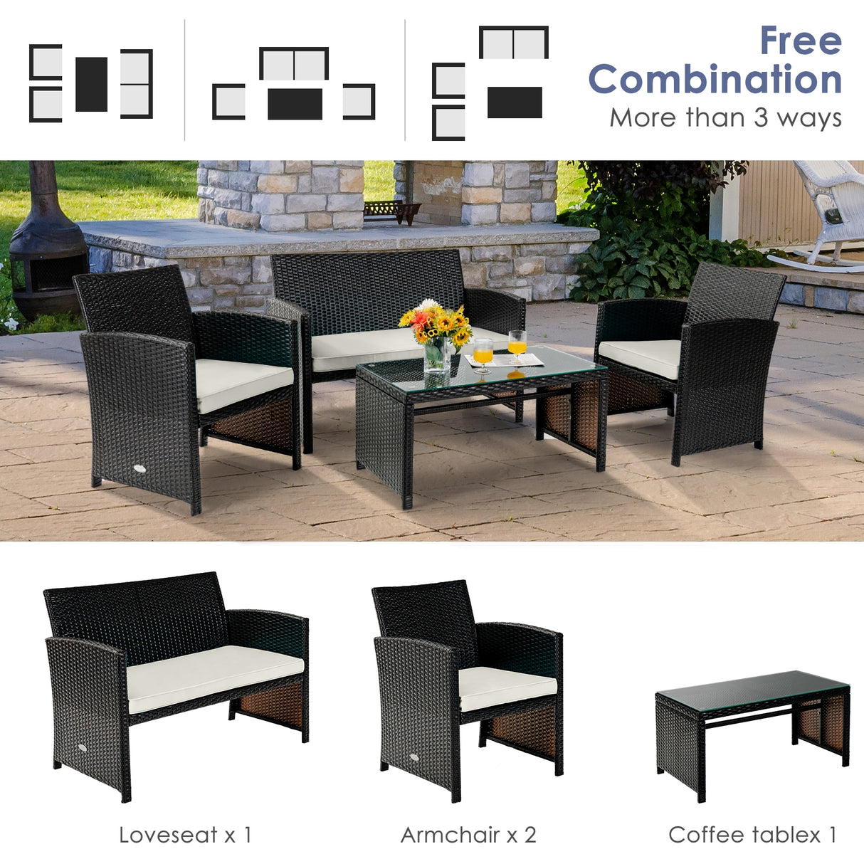 4 Pieces Patio Rattan Cushioned Furniture Set-Red
