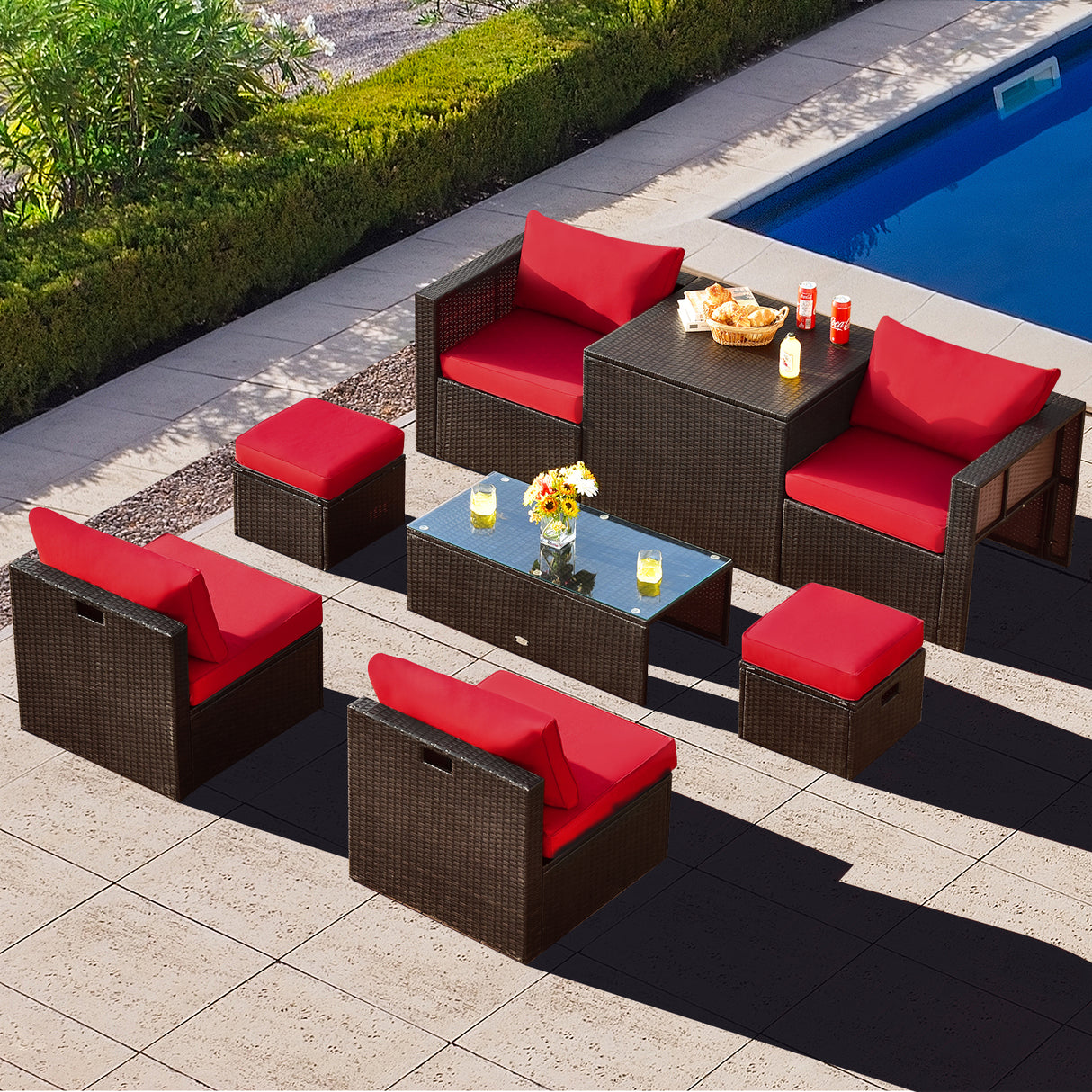 8 Pieces Patio Space-Saving Rattan Furniture Set with Storage Box and Waterproof Cover-Black