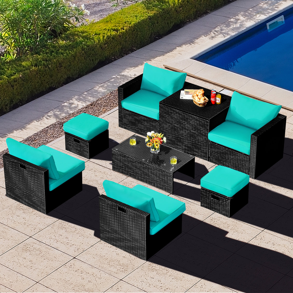 8 Pieces Patio Rattan Storage Table Furniture Set-Off White