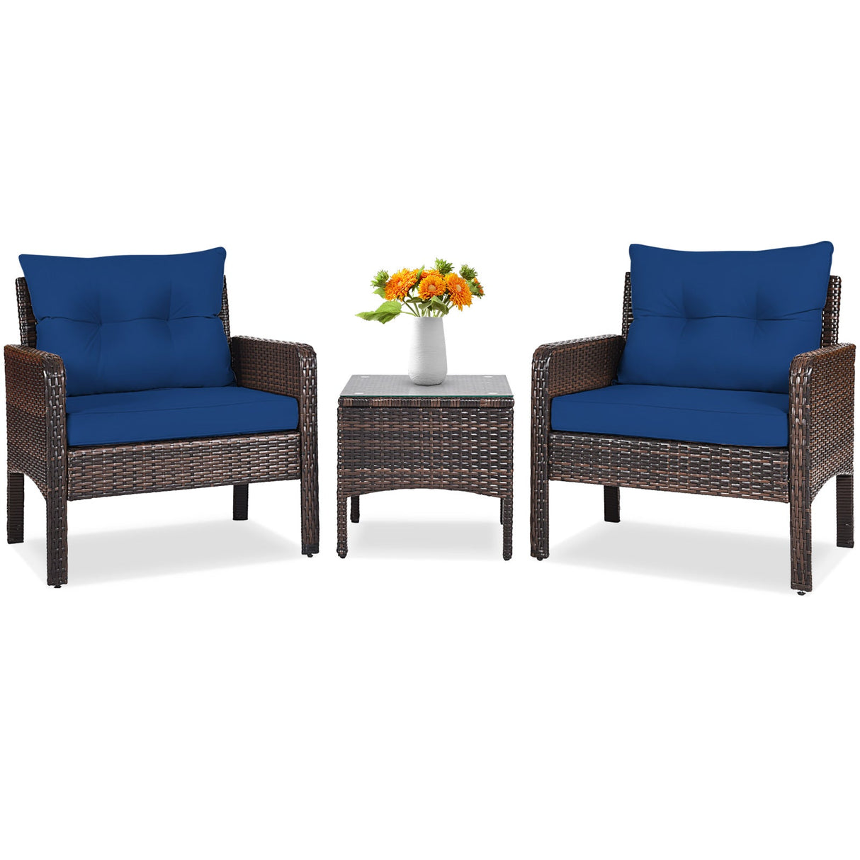 3 Pieces Outdoor Patio Rattan Conversation Set with Seat Cushions-Navy by DirectDeals