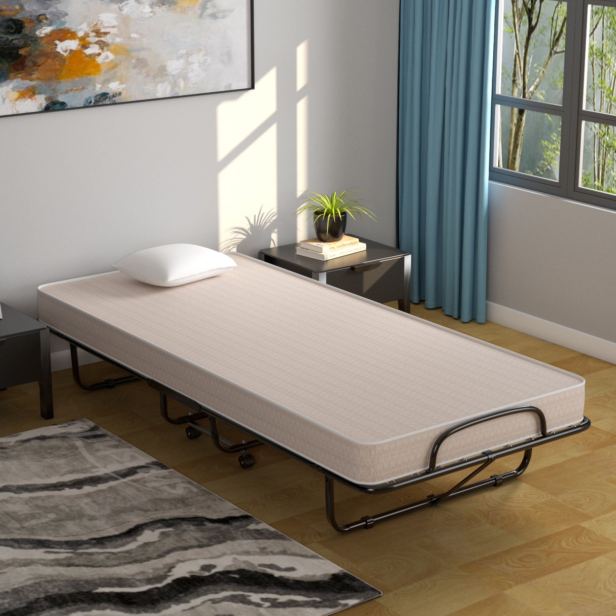 Rollaway Guest Bed with Sturdy Steel Frame and Memory Foam Mattress Made in Italy-Navy
