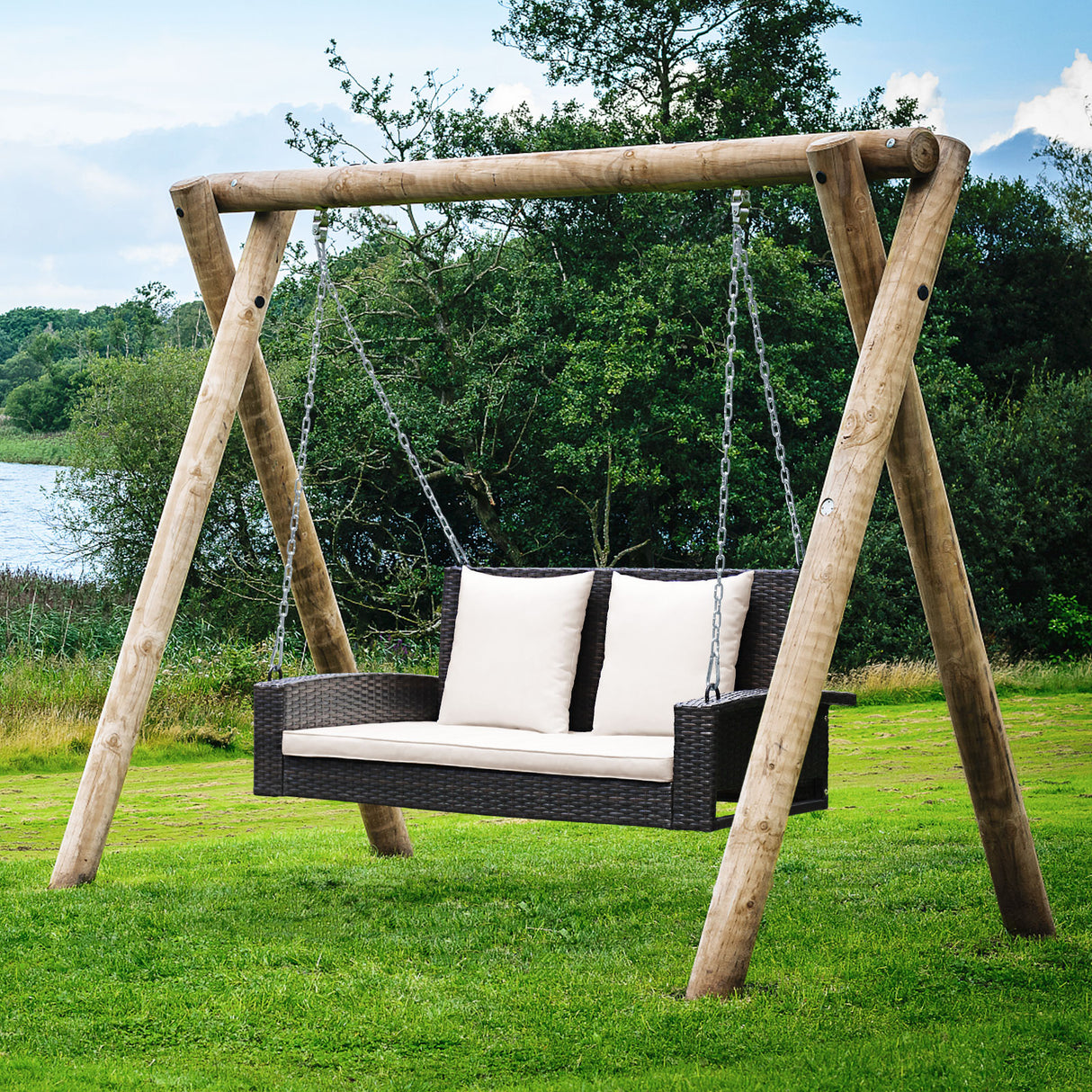2-Person Patio Rattan Porch Swing with Cushions-Turquoise