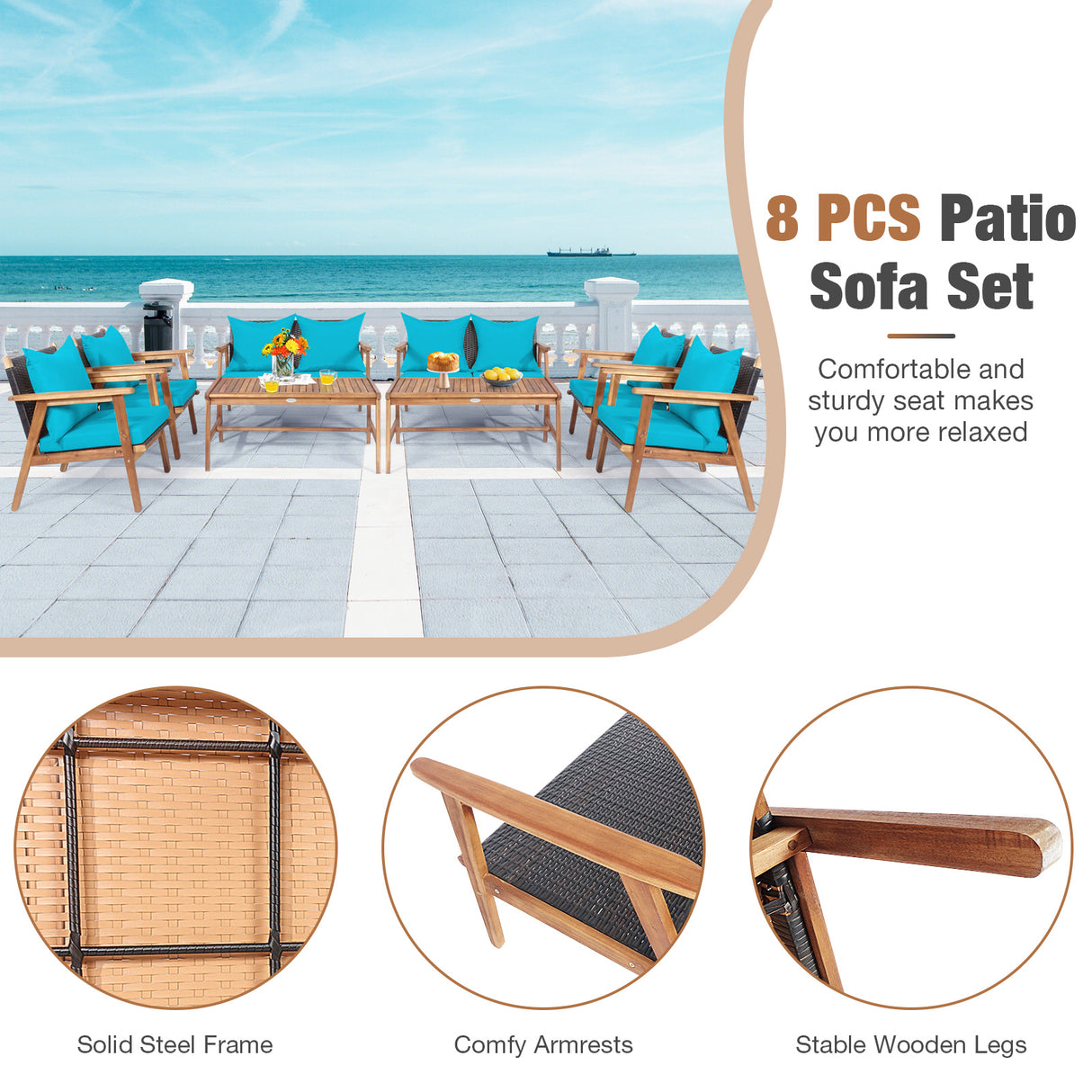 4 Pieces Acacia Wood Patio Rattan Furniture Set with Zippered Cushions-Brown