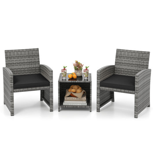 3 Pieces Patio Furniture Set with Tempered Glass Coffee Table and Soft Seat Cushions-Black