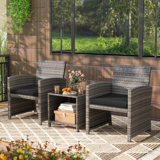3 Pieces Patio Furniture Set with Tempered Glass Coffee Table and Soft Seat Cushions-Black