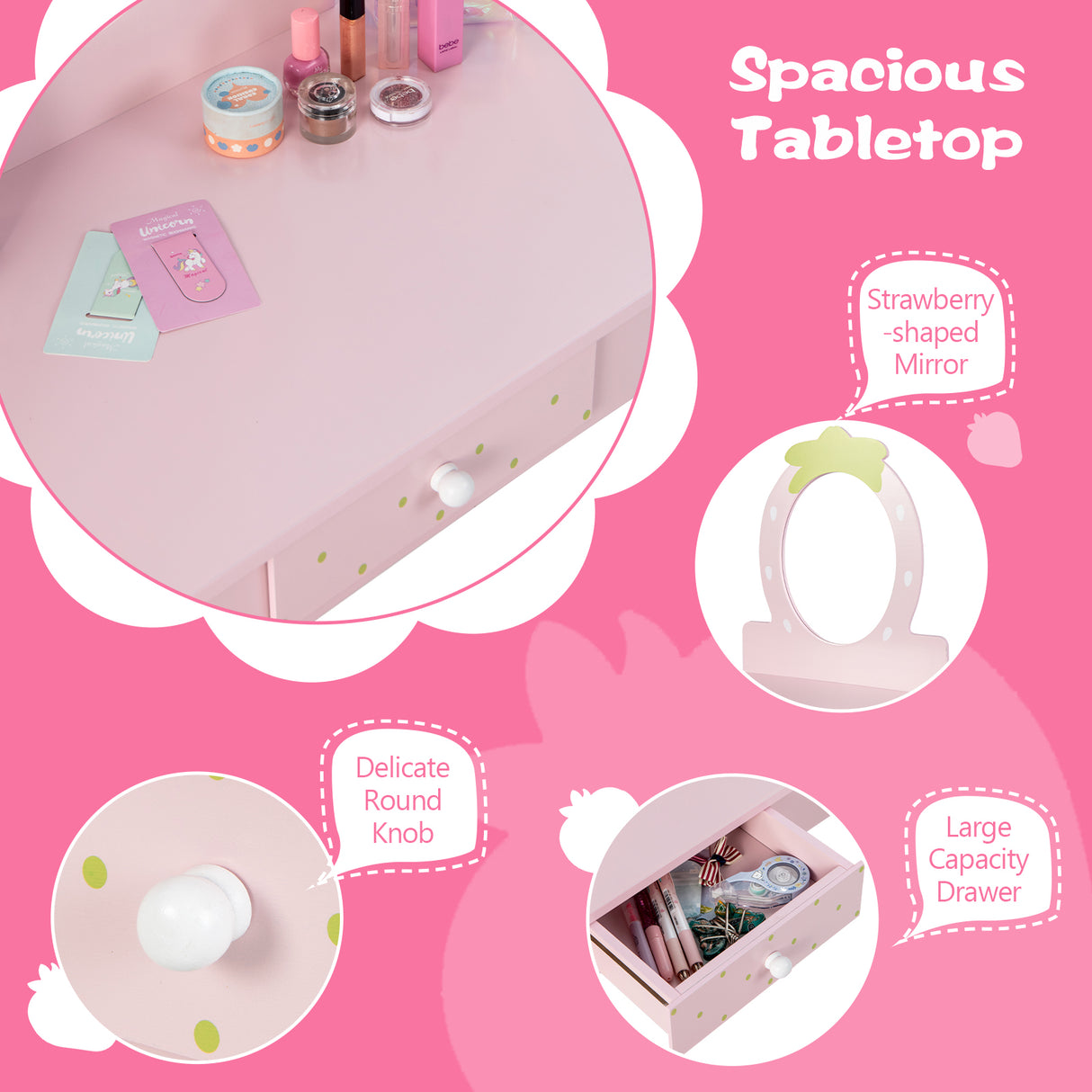 2-in-1 Children Vanity Table Stool Set with Mirror-Pink