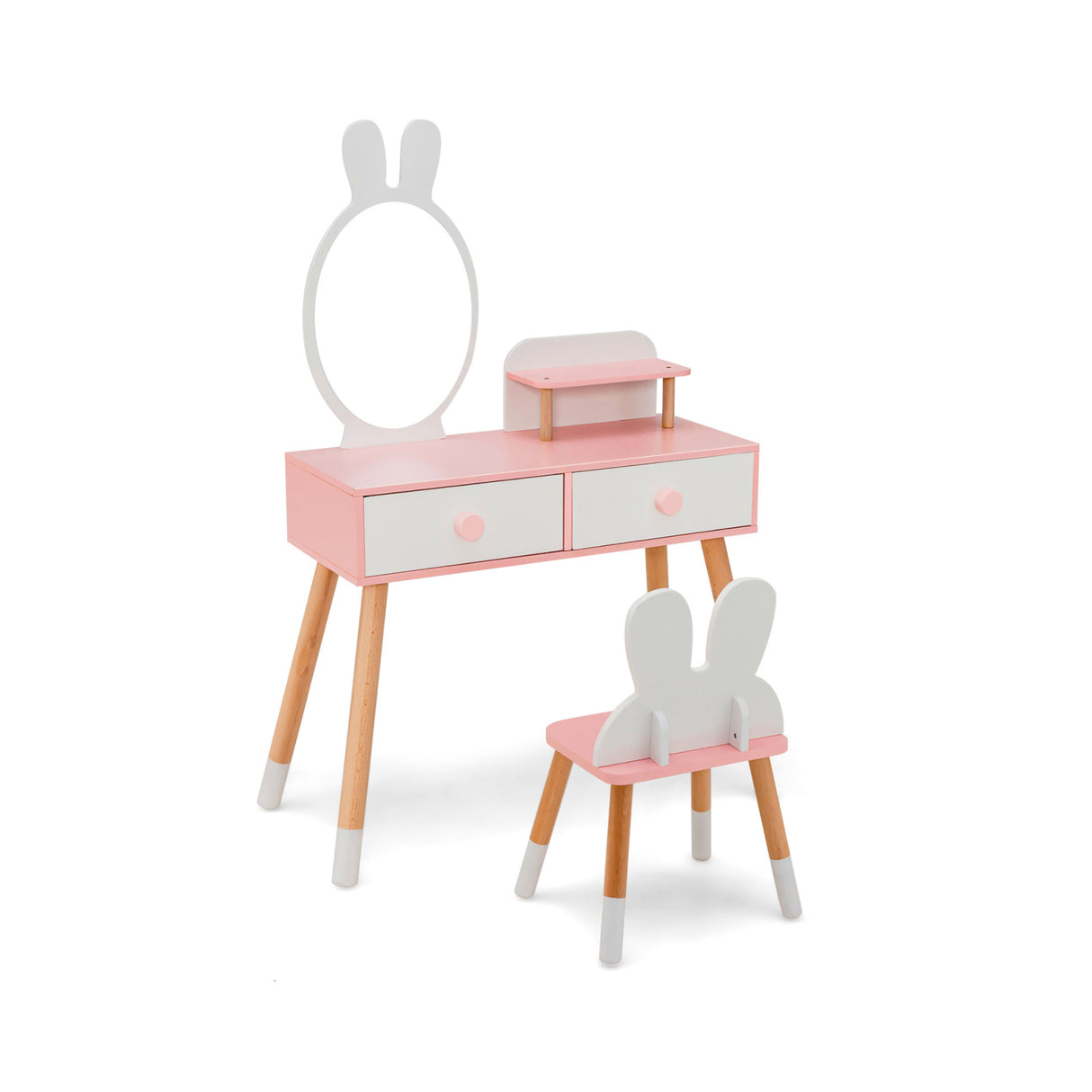 Kids Vanity Table and Chair Set with Drawer Shelf and Rabbit Mirror-Pink
