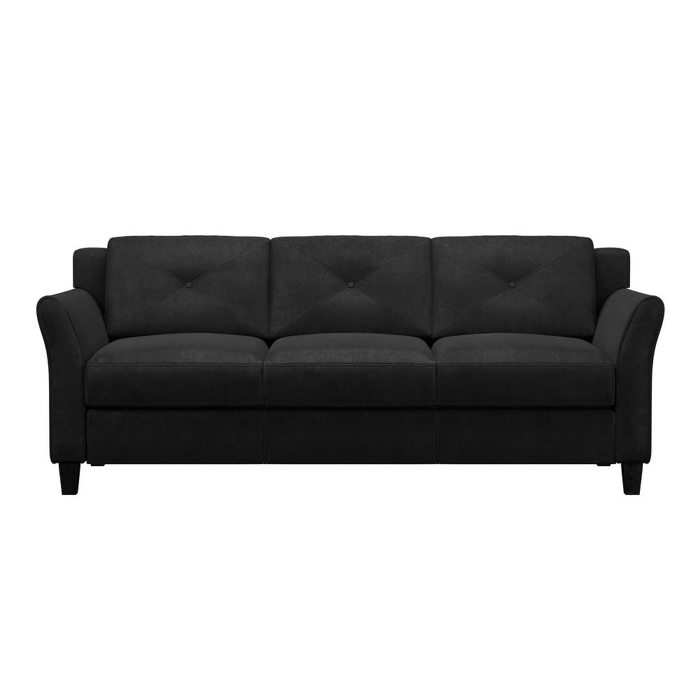 The iLounge Harvard Microfiber Sofa, featuring a simple, modern design, is upholstered in black fabric with three seat cushions and curved armrests. It stands on four legs and is set against a white background.