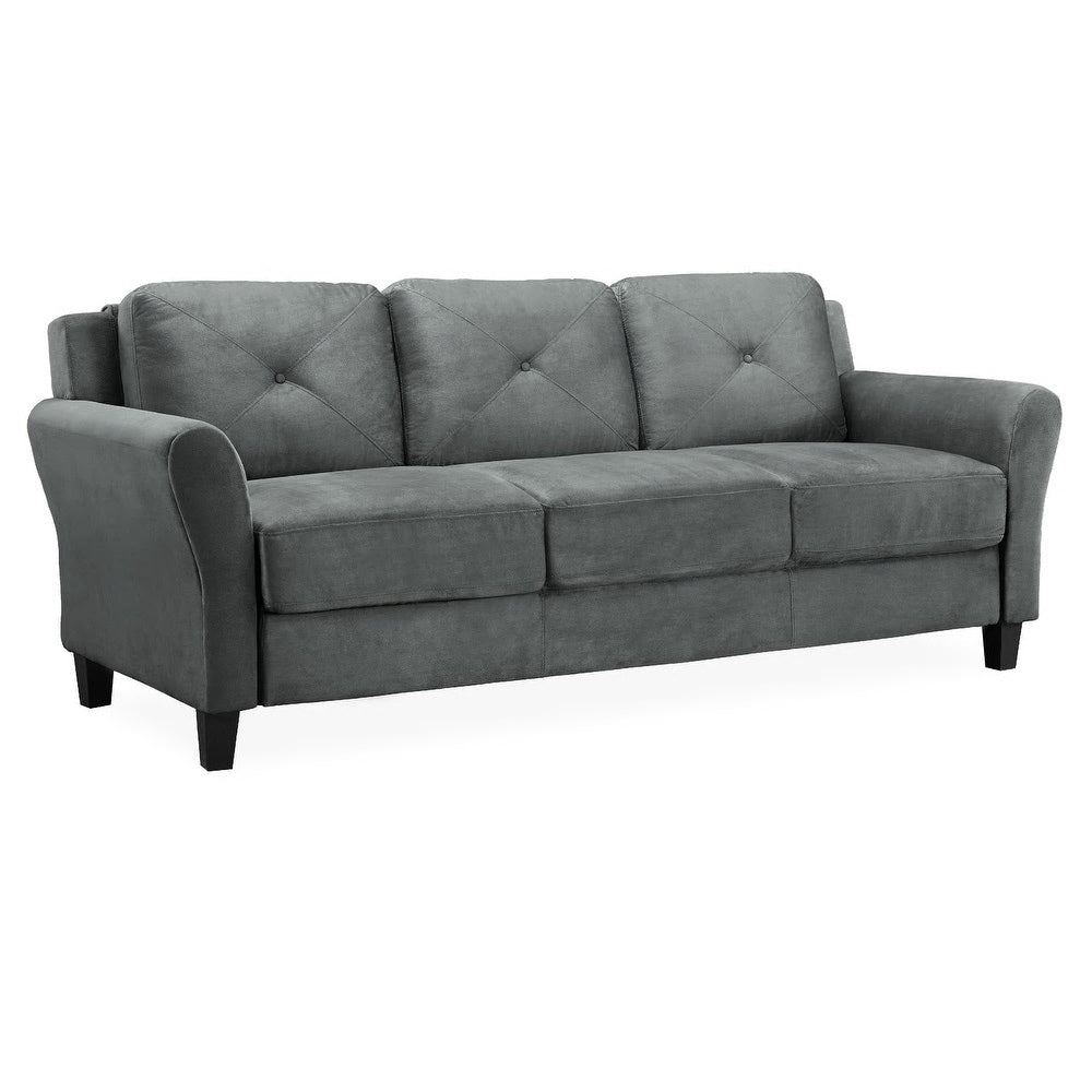 The iLounge Harvard Microfiber Sofa, featuring a gray finish and plush cushions for seating three, showcases rounded armrests and stands on short, dark wooden legs. Its upholstery includes subtle button tufting on the backs of the cushions and is set against a plain white background.
