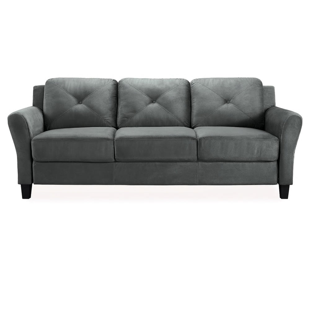 The iLounge Harvard Microfiber Sofa, a three-seater in gray with cushioned backrests and armrests and dark wooden legs, is set against a plain white background.