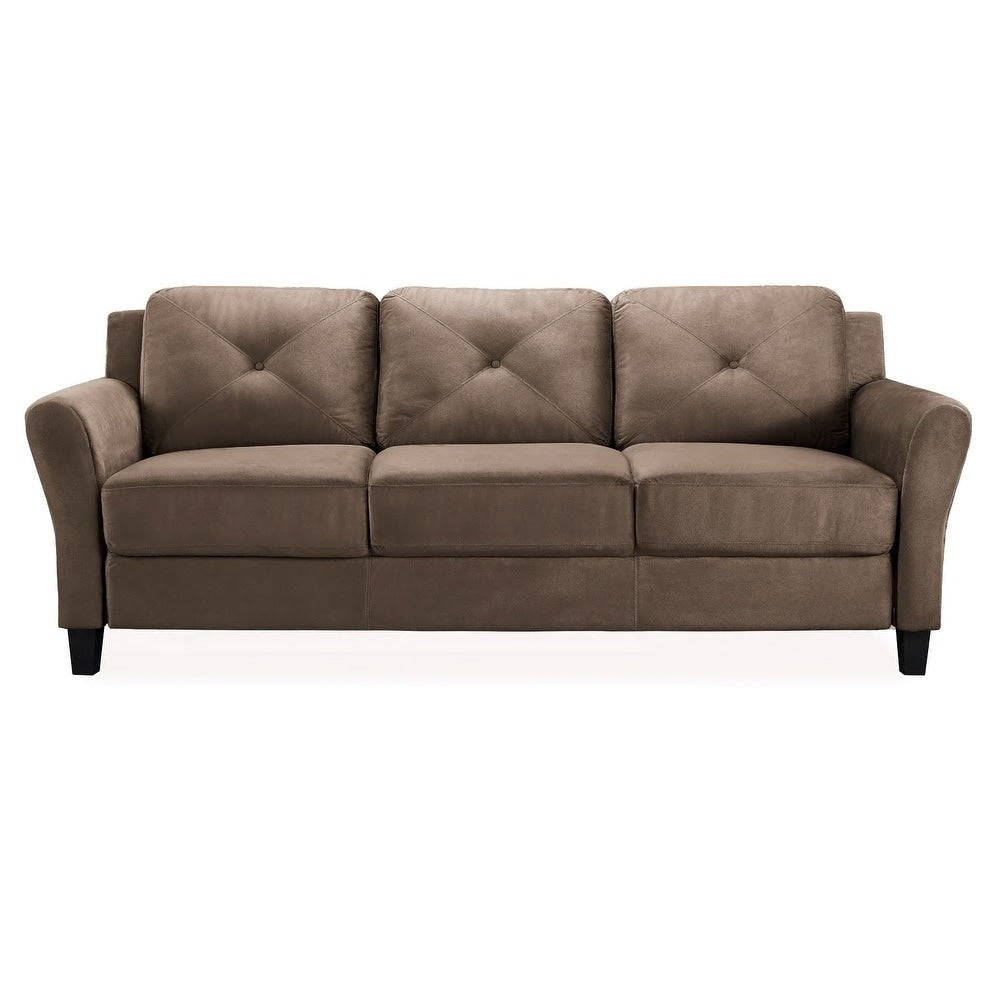 The iLounge Harvard Microfiber Sofa is a brown, three-seater with cushioned seats and backrests. It features dark wooden legs and a soft, textured fabric. The backrest showcases a subtle, tufted design with a diamond pattern.